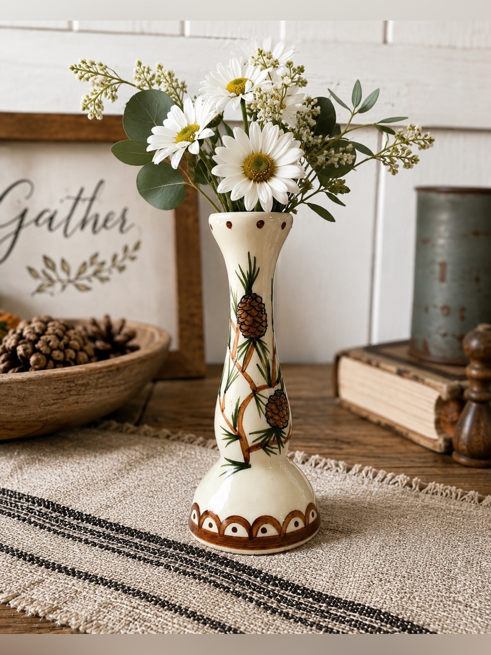 Vintage Hand Painted Pinecone Bud Vase Unmarked Ceramic